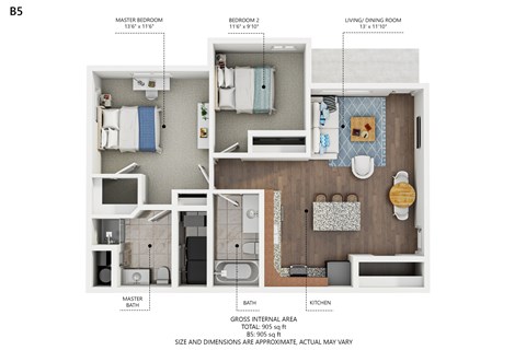 Floor plan for 2 beds, 2 baths, 905 sqft